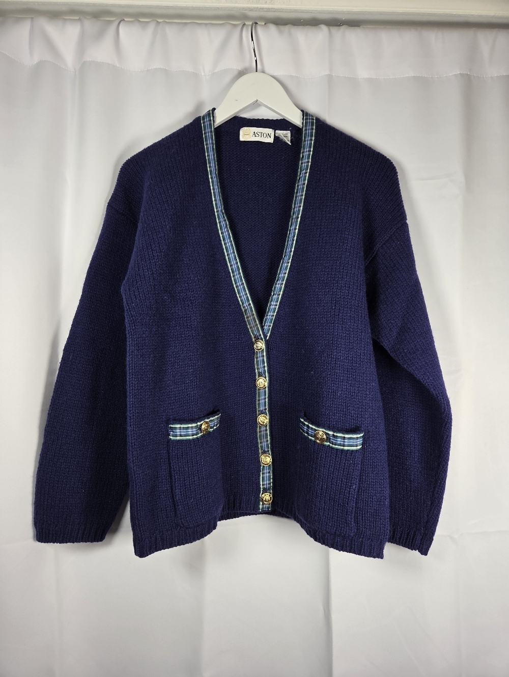 Vintage Aston Shetland Wool Cardigan Sweater Blue Plaid Ribbon Women's Size M